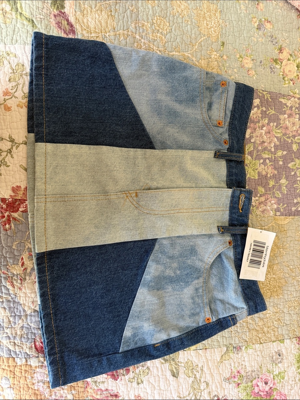 Re/Done Two-Tone Patchwork Denim Mini Skirt in Light and Dark Blue